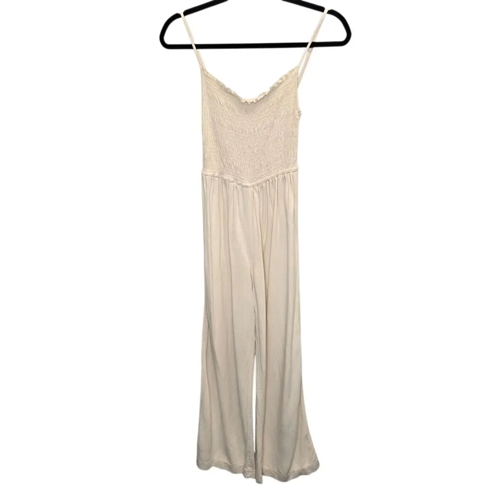 H&M Women's S Ivory Linen Blend Summer Smocked Romper Jumpsuit